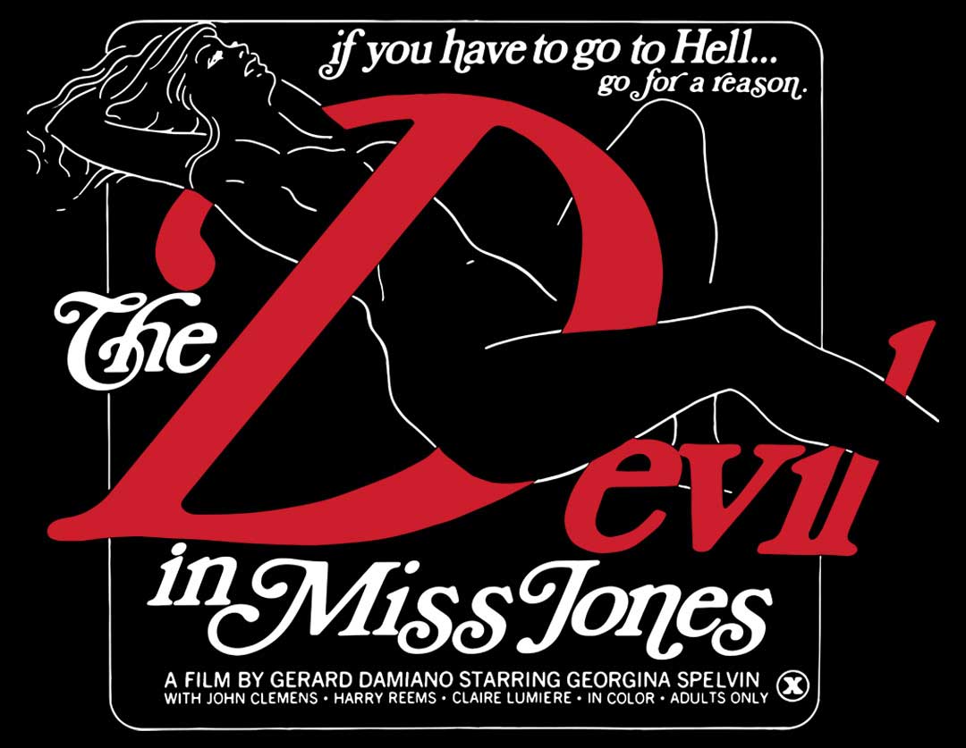 A black background displays the red and white lettering of the offical movie logo for 'The Devil in Miss Jones.'